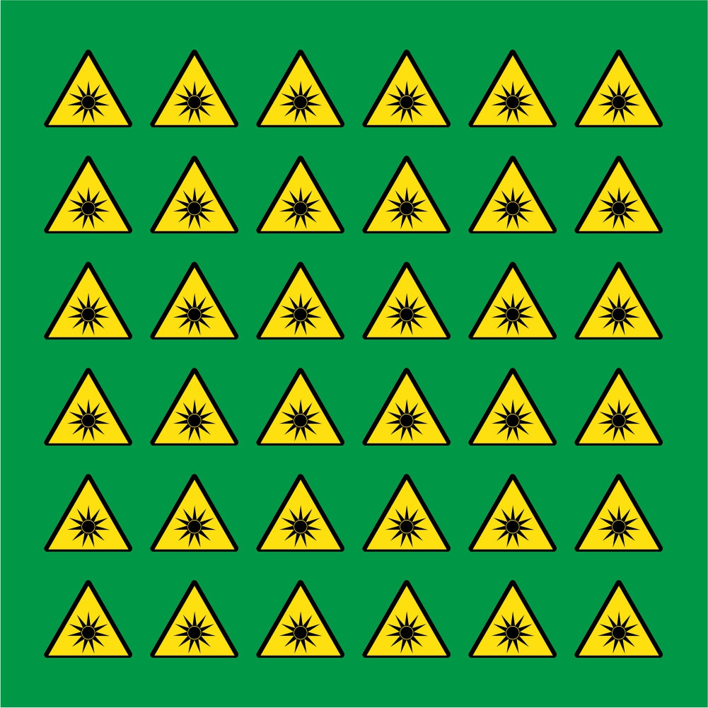 PACCO DA 6 KIT DI 6 ADESIVI TRIANGOLARI - PERICOLO RADIAZIONI OTTICHE - Pittogramma ISO 7010 Con Stampa Diretta U.V.