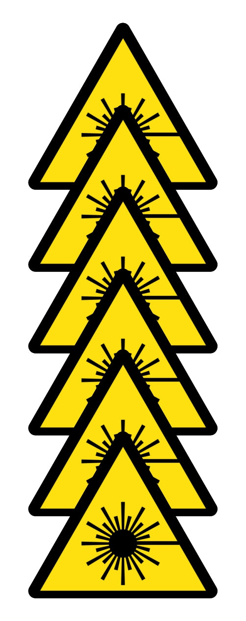 GLOBAL KIT DI 6 ADESIVI TRIANGOLARI - PERICOLO RAGGI LASER - Pittogramma ISO 7010 Con Stampa Diretta U.V. (IDEALE ANCHE PER ESTERNO)