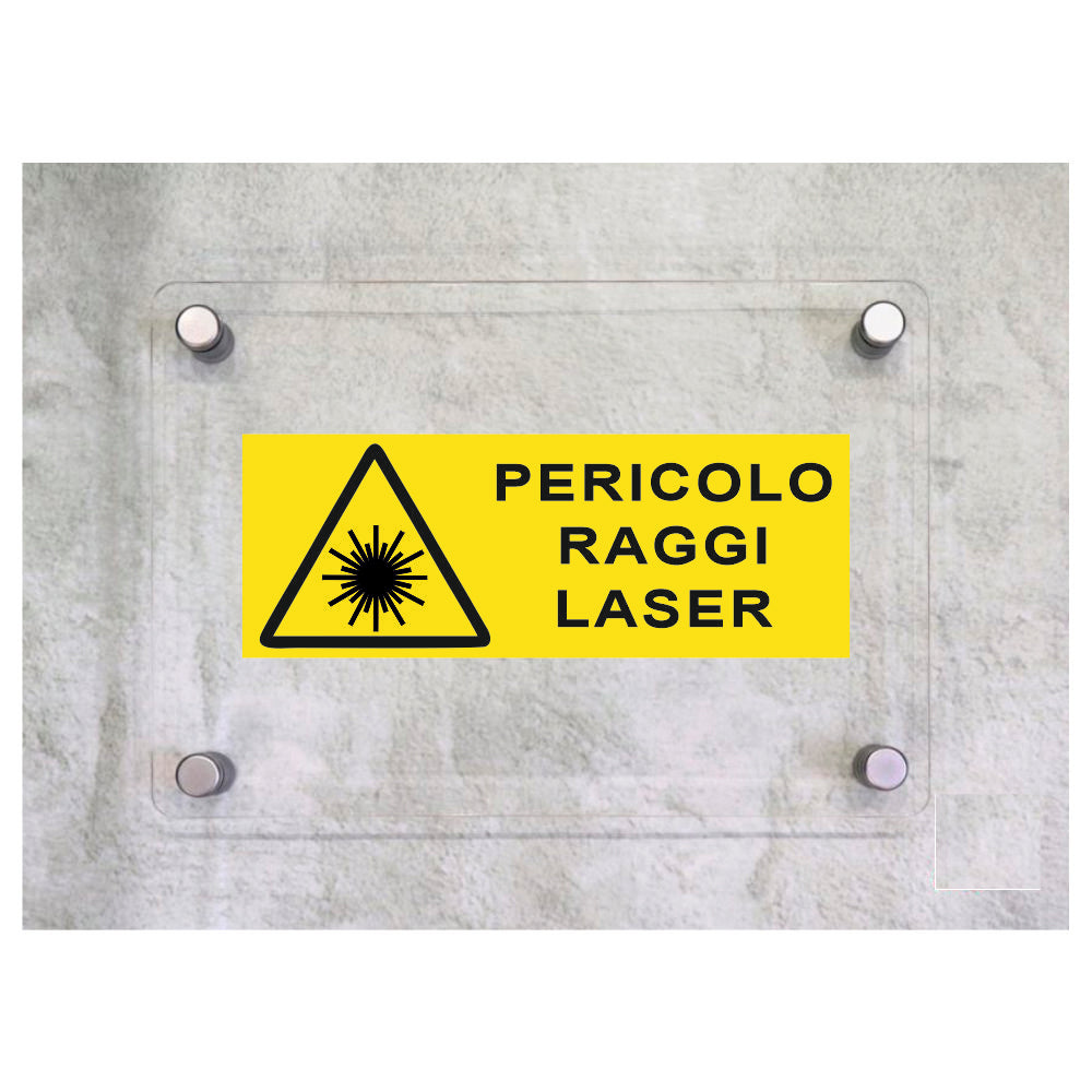 Global Targa Cartello in plexiglass UNI - PERICOLO RAGGI LASER - Con Distanziali in acciaio inox, Stampa UV