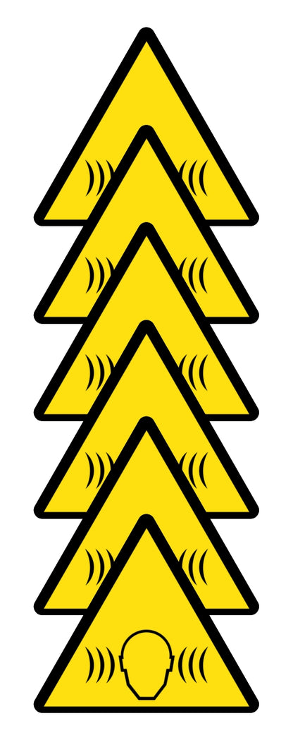 GLOBAL KIT DI 6 ADESIVI TRIANGOLARI - PERICOLO RUMOROSITÀ - Pittogramma ISO 7010 Con Stampa Diretta U.V. (IDEALE ANCHE PER ESTERNO)