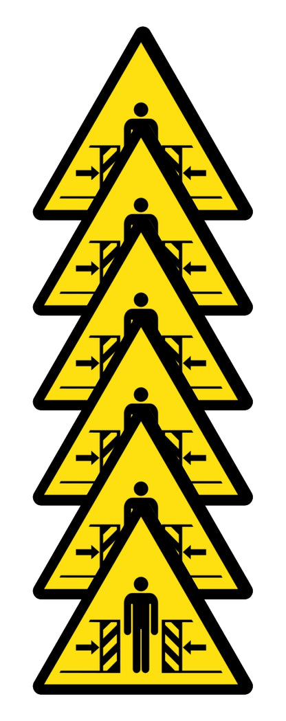 GLOBAL KIT DI 6 ADESIVI TRIANGOLARI - PERICOLO SCHIACCIAMENTO - Pittogramma ISO 7010 Con Stampa Diretta U.V. (IDEALE ANCHE PER ESTERNO)