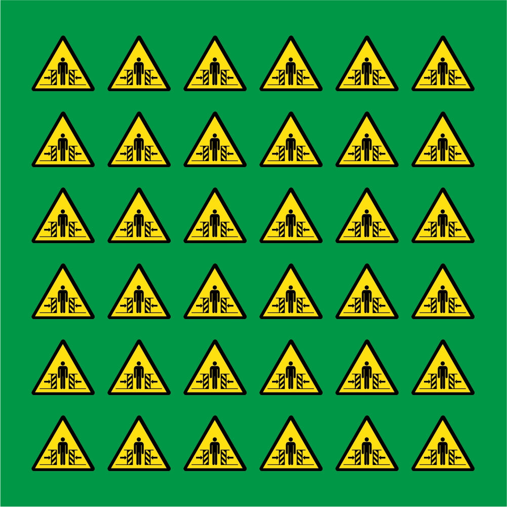 PACCO DA 6 KIT DI 6 ADESIVI TRIANGOLARI - PERICOLO SCHIACCIAMENTO - Pittogramma ISO 7010 Con Stampa Diretta U.V.