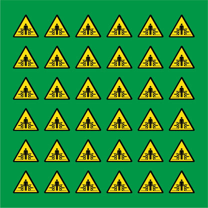 PACCO DA 6 KIT DI 6 ADESIVI TRIANGOLARI - PERICOLO SCHIACCIAMENTO - Pittogramma ISO 7010 Con Stampa Diretta U.V.
