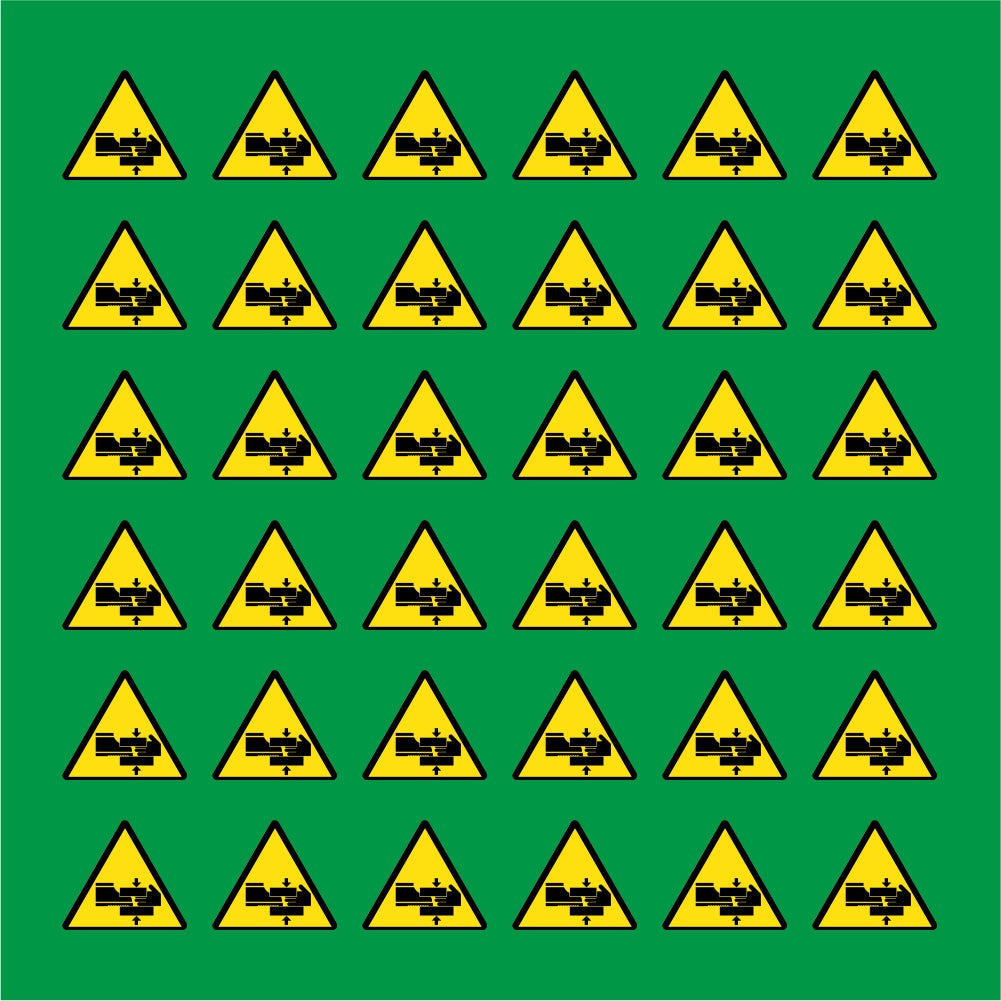 PACCO DA 6 KIT DI 6 ADESIVI TRIANGOLARI - PERICOLO SCHIACCIAMENTO MANI/PIEDI - Pittogramma ISO 7010 Con Stampa Diretta U.V.