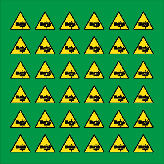 PACCO DA 6 KIT DI 6 ADESIVI TRIANGOLARI - PERICOLO SCHIACCIAMENTO MANI/PIEDI - Pittogramma ISO 7010 Con Stampa Diretta U.V.