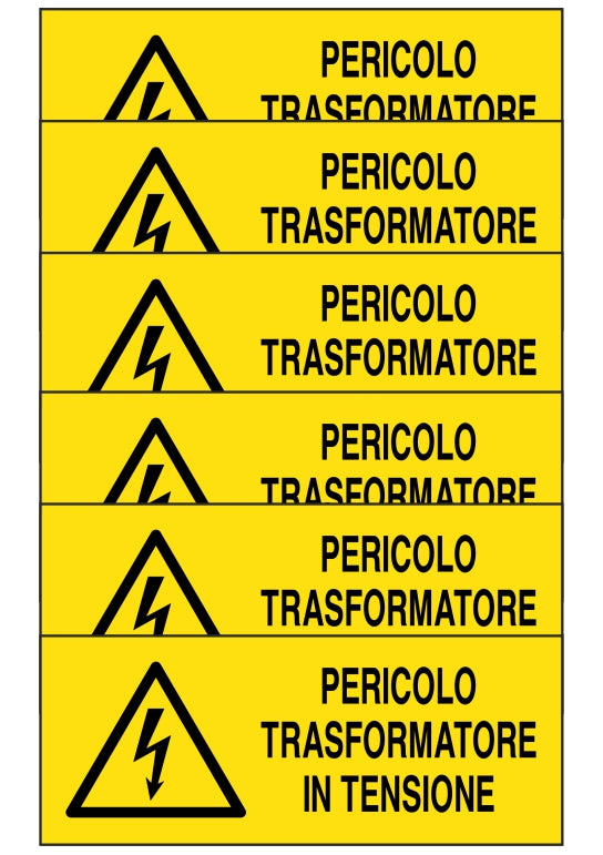 KIT DI 6 ADESIVI UNI - PERICOLO TRANSFORMATORE IN TENSIONE - Pittogramma ISO 7010 Con Stampa Diretta U.V. (IDEALE ANCHE PER ESTERNO)