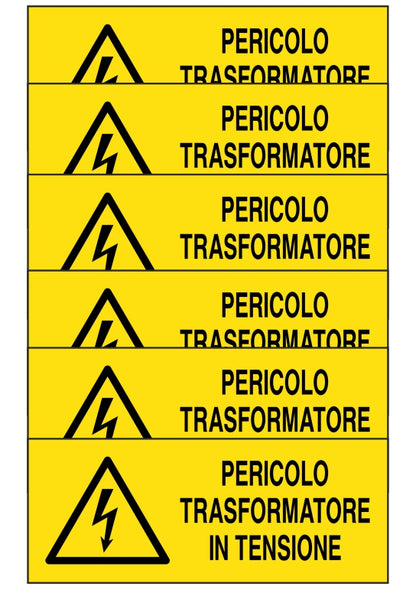 KIT DI 6 ADESIVI UNI - PERICOLO TRANSFORMATORE IN TENSIONE - Pittogramma ISO 7010 Con Stampa Diretta U.V. (IDEALE ANCHE PER ESTERNO)