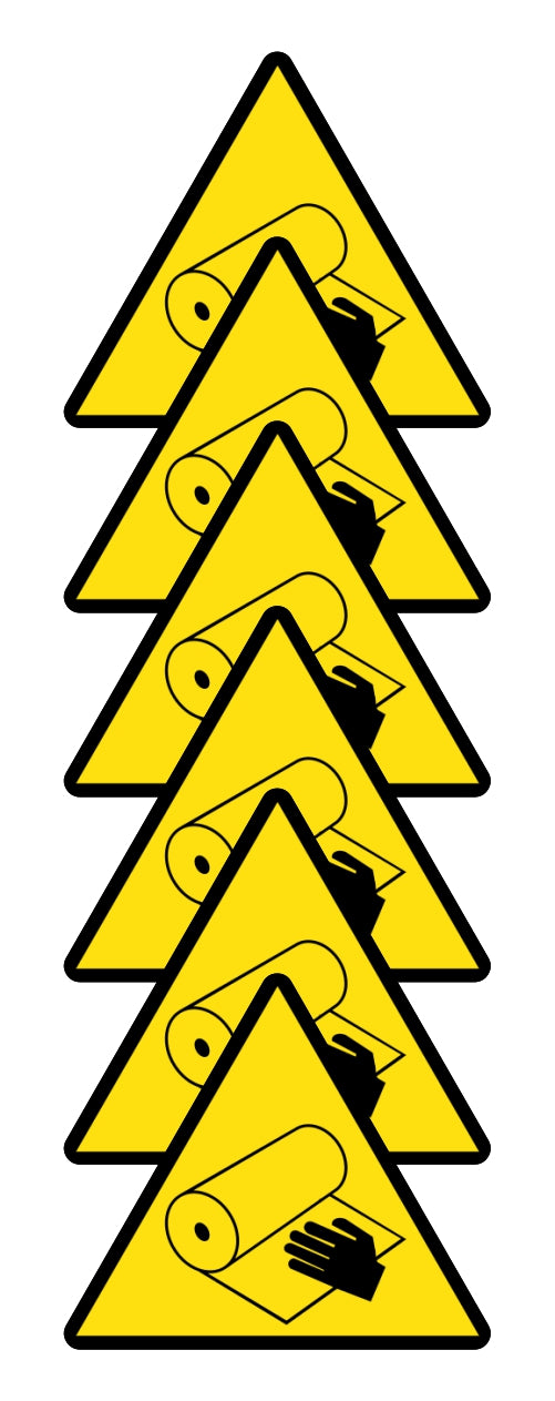 GLOBAL KIT DI 6 ADESIVI TRIANGOLARI - PERICOLO TRASCINAMENTO RULLO - Pittogramma ISO 7010 Con Stampa Diretta U.V. (IDEALE ANCHE PER ESTERNO)