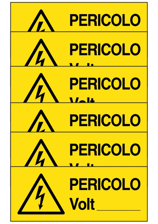 KIT DI 6 ADESIVI UNI - PERICOLO VOLT - Pittogramma ISO 7010 Con Stampa Diretta U.V. (IDEALE ANCHE PER ESTERNO)