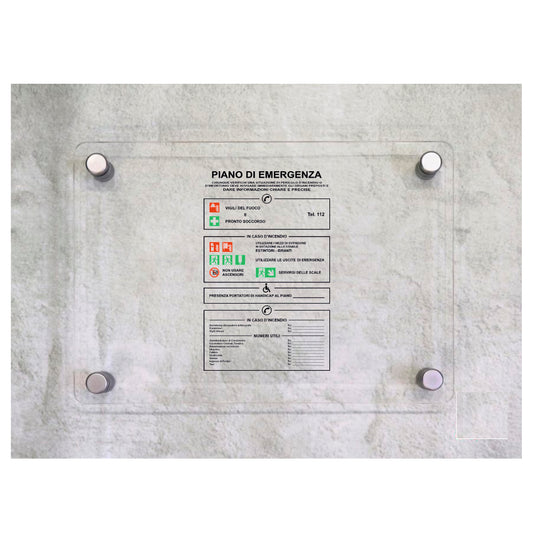 Global Targa Cartello in plexiglass - PIANO DI EMERGENZA CON NUMERO UNICO - Con Distanziali in acciaio inox, Stampa UV.