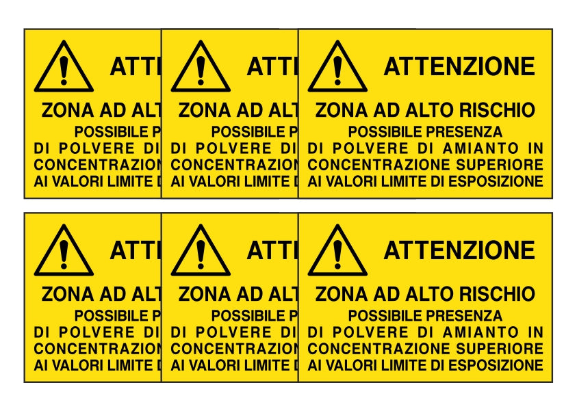 KIT DI 6 ADESIVI RETTANGOLARI - POSSIBILE PRESENZA DI POLVERE DI AMIANTO - Pittogramma ISO 7010 Con Stampa Diretta U.V. (IDEALE ANCHE PER ESTERNO)