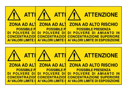 KIT DI 6 ADESIVI RETTANGOLARI - POSSIBILE PRESENZA DI POLVERE DI AMIANTO - Pittogramma ISO 7010 Con Stampa Diretta U.V. (IDEALE ANCHE PER ESTERNO)