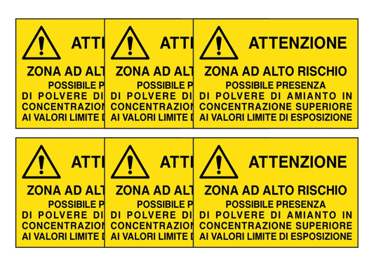 KIT DI 6 ADESIVI RETTANGOLARI - POSSIBILE PRESENZA DI POLVERE DI AMIANTO - Pittogramma ISO 7010 Con Stampa Diretta U.V. (IDEALE ANCHE PER ESTERNO)