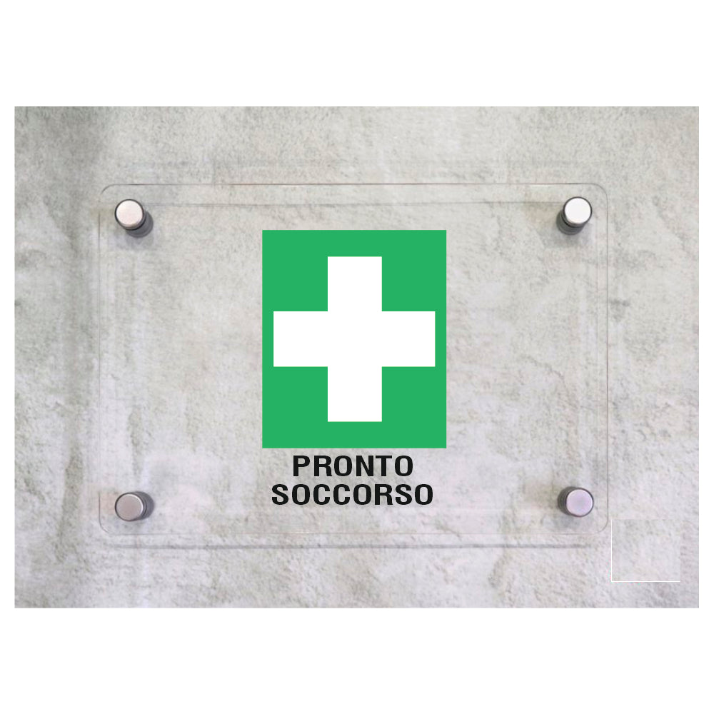 Global Targa Cartello in plexiglass - PRONTO SOCCORSO - Con Distanziali in acciaio inox, Stampa UV.