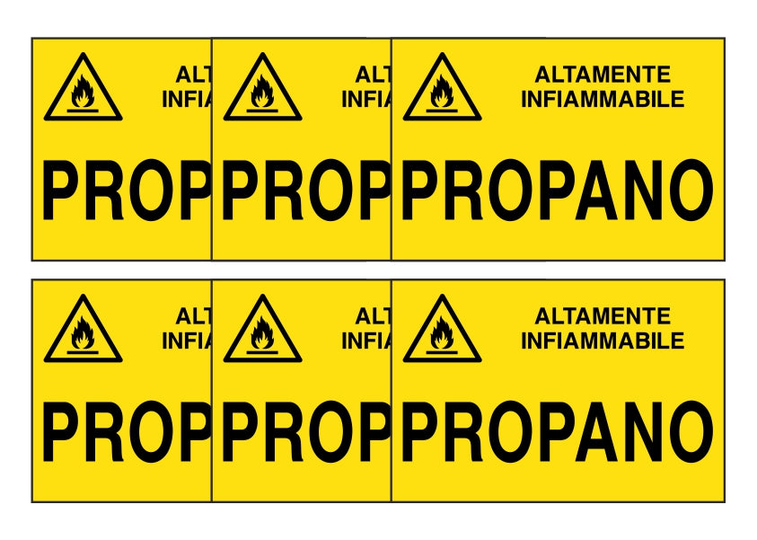 KIT DI 6 ADESIVI RETTANGOLARI - PROPANO - Pittogramma ISO 7010 Con Stampa Diretta U.V. (IDEALE ANCHE PER ESTERNO)