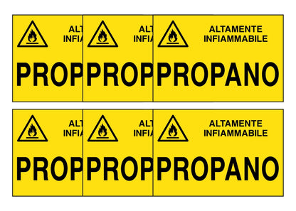 KIT DI 6 ADESIVI RETTANGOLARI - PROPANO - Pittogramma ISO 7010 Con Stampa Diretta U.V. (IDEALE ANCHE PER ESTERNO)