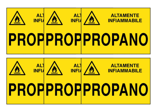 KIT DI 6 ADESIVI RETTANGOLARI - PROPANO - Pittogramma ISO 7010 Con Stampa Diretta U.V. (IDEALE ANCHE PER ESTERNO)