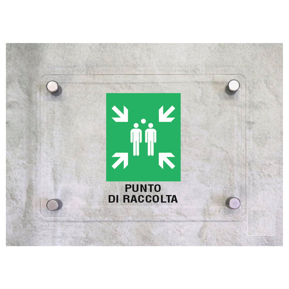 Global Targa Cartello in plexiglass - PUNTO DI RACCOLTA - Con Distanziali in acciaio inox, Stampa UV.