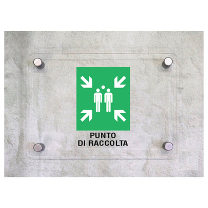 Global Targa Cartello in plexiglass - PUNTO DI RACCOLTA - Con Distanziali in acciaio inox, Stampa UV.