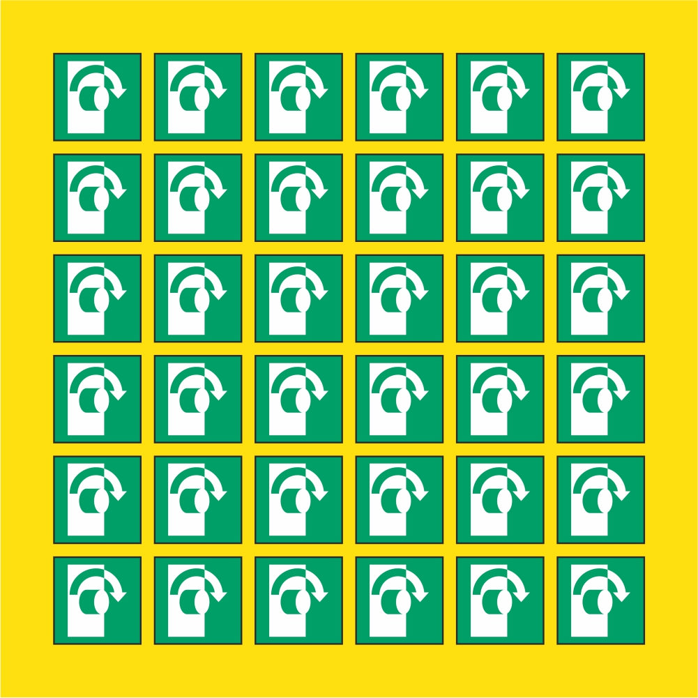 PACCO DA 6 KIT DI 6 ADESIVI QUADRATI - Per aprire girare in senso orario - Pittogramma ISO 7010 Con Stampa Diretta U.V.