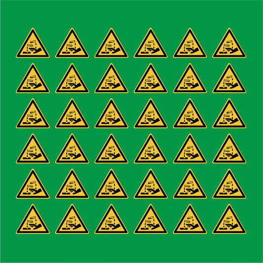 PACCO DA 6 KIT DI 6 ADESIVI TRIANGOLARI - Pericolo Sostanze corrosive - Pittogramma ISO 7010 Con Stampa Diretta U.V.