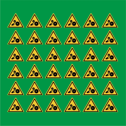 PACCO DA 6 KIT DI 6 ADESIVI TRIANGOLARI - Pericolo di schiacciamento, rulli dentati - Pittogramma ISO 7010 Con Stampa Diretta U.V.