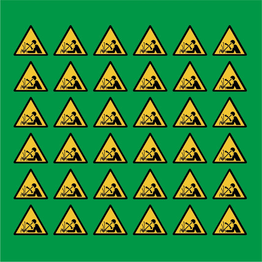 PACCO DA 6 KIT DI 6 ADESIVI TRIANGOLARI - Pericolo di spostamento rapido del materiale da piegare nella pressa - Pittogramma ISO 7010 Con Stampa Diretta U.V.