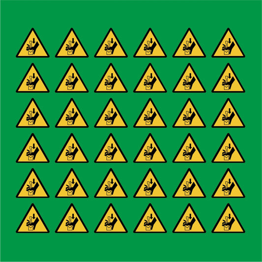 PACCO DA 6 KIT DI 6 ADESIVI TRIANGOLARI - Pericolo schiacciamento della mano nell'ingranaggio della pressa piegatrice - Pittogramma ISO 7010 Con Stampa Diretta U.V.