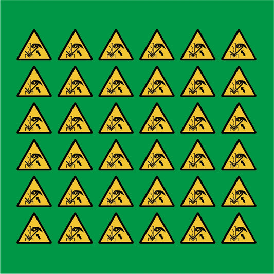 PACCO DA 6 KIT DI 6 ADESIVI TRIANGOLARI - Pericolo schiacciamento delle mani tra la pressa piegatrice e il materiale - Pittogramma ISO 7010 Con Stampa Diretta U.V.