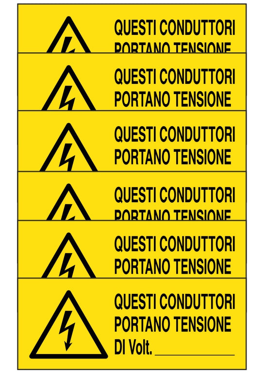 GLOBAL KIT DI 6 ADESIVI UNI - QUESTI CONDUTTORI PORTANO TENSIONE DI VOLT - Pittogramma ISO 7010 Con Stampa Diretta U.V. (IDEALE ANCHE PER ESTERNO)