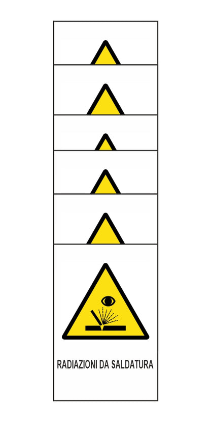 KIT DI 6 ADESIVI RETTANGOLARI - RADIAZIONI DA SALDATURA - Pittogramma ISO 7010 Con Stampa Diretta U.V. (IDEALE ANCHE PER ESTERNO)