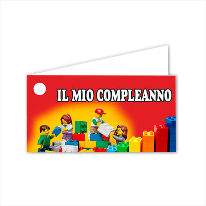 GLOBAL Bigliettini Bomboniera per Compleanno Personalizzato - LEGO - Bigliettini Bomboniera con piega, Bigliettini Bomboniera tondo, Personalizzati con Nome e Data, MADE IN ITALY