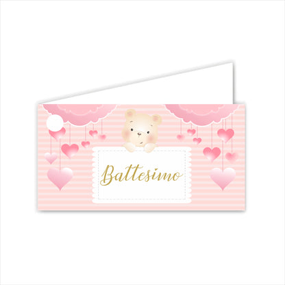 GLOBAL Bigliettini Bomboniera per Battesimo Personalizzato - ORSETTO BIMBA MOD. 3 - Bigliettini Bomboniera con piega, Bigliettini Bomboniera tondo, Personalizzati con Nome e Data, MADE IN ITALY