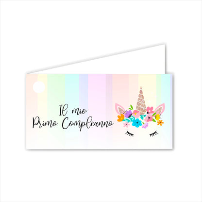 GLOBAL Bigliettini Bomboniera per Compleanno Personalizzato - UNICORNO MOD. 2 - Bigliettini Bomboniera con piega, Bigliettini Bomboniera tondo, Personalizzati con Nome e Data, MADE IN ITALY