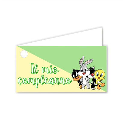 GLOBAL Bigliettini Bomboniera per Compleanno Personalizzato - BABY LOONEY TUNES - Bigliettini Bomboniera con piega, Bigliettini Bomboniera tondo, Personalizzati con Nome e Data, MADE IN ITALY