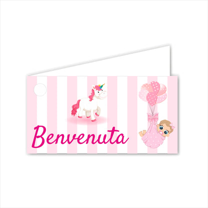 GLOBAL Bigliettini Bomboniera per Nascita Personalizzato - UNICORNO E PALLONCINI BIMBA - Bigliettini Bomboniera con piega, Bigliettini Bomboniera tondo, Personalizzati con Nome e Data, MADE IN ITALY