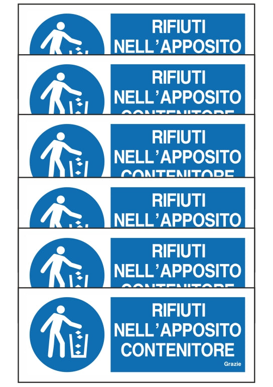 GLOBAL KIT DI 6 ADESIVI UNI - RIFIUTI NELL'APPOSITO CONTENITORE- Pittogramma ISO 7010 Con Stampa Diretta U.V. (IDEALE ANCHE PER ESTERNO)
