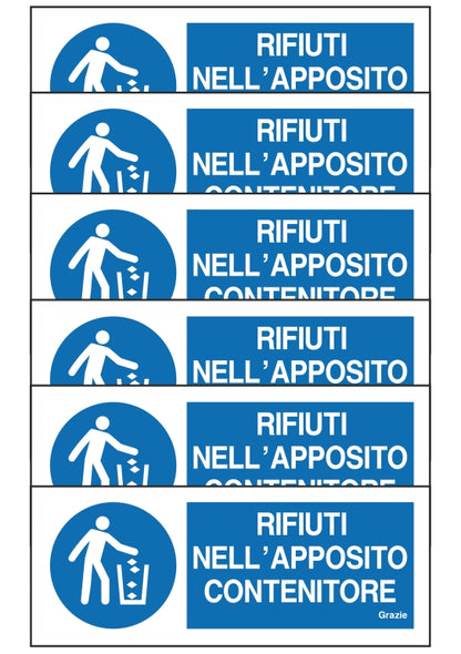 GLOBAL KIT DI 6 ADESIVI UNI - RIFIUTI NELL'APPOSITO CONTENITORE- Pittogramma ISO 7010 Con Stampa Diretta U.V. (IDEALE ANCHE PER ESTERNO)