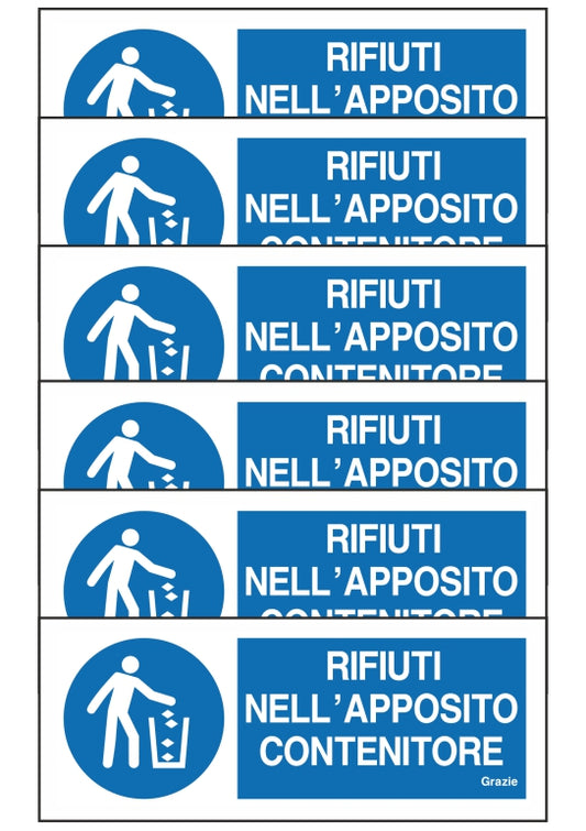 GLOBAL KIT DI 6 ADESIVI UNI - RIFIUTI NELL'APPOSITO CONTENITORE- Pittogramma ISO 7010 Con Stampa Diretta U.V. (IDEALE ANCHE PER ESTERNO)