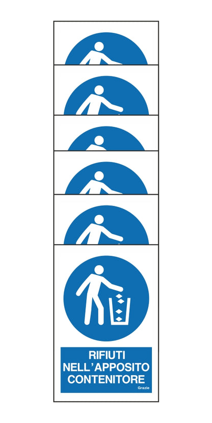 KIT DI 6 ADESIVI RETTANGOLARI - RIFIUTI NELL'APPOSITO CONTENITORE - Pittogramma ISO 7010 Con Stampa Diretta U.V. (IDEALE ANCHE PER ESTERNO)