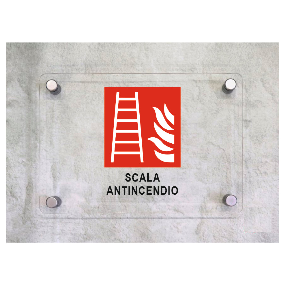 Global Targa Cartello in plexiglass - SCALA ANTINCEDIO - Con Distanziali in acciaio inox, Stampa UV.