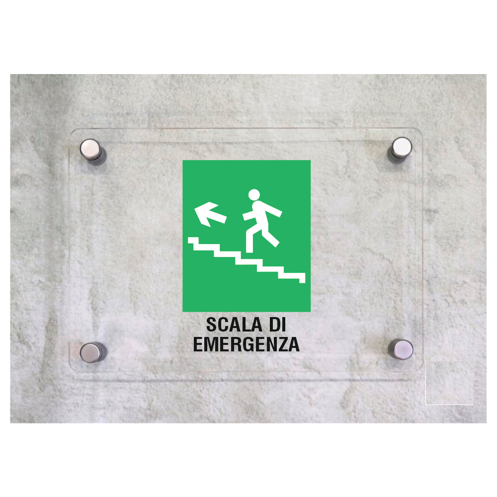 Global Targa Cartello in plexiglass - SCALA DI EMERGENZA SALITA SINISTRA - Con Distanziali in acciaio inox, Stampa UV.