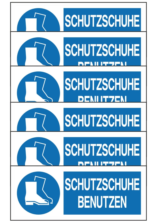 GLOBAL KIT DI 6 ADESIVI UNI - SCHUTZSCHUHE BENUTZEN - Pittogramma ISO 7010 Con Stampa Diretta U.V. (IDEALE ANCHE PER ESTERNO)