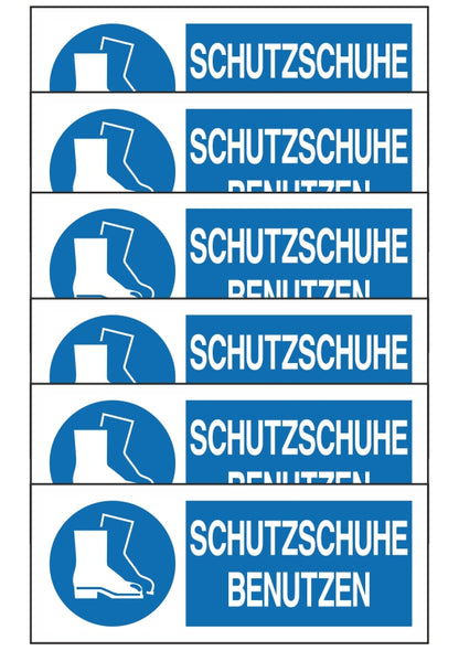 GLOBAL KIT DI 6 ADESIVI UNI - SCHUTZSCHUHE BENUTZEN - Pittogramma ISO 7010 Con Stampa Diretta U.V. (IDEALE ANCHE PER ESTERNO)