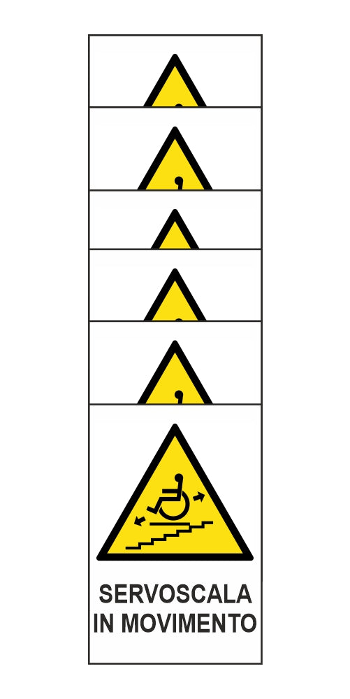 KIT DI 6 ADESIVI RETTANGOLARI - SERVOSCALA IN MOVIMENTO - Pittogramma ISO 7010 Con Stampa Diretta U.V. (IDEALE ANCHE PER ESTERNO)