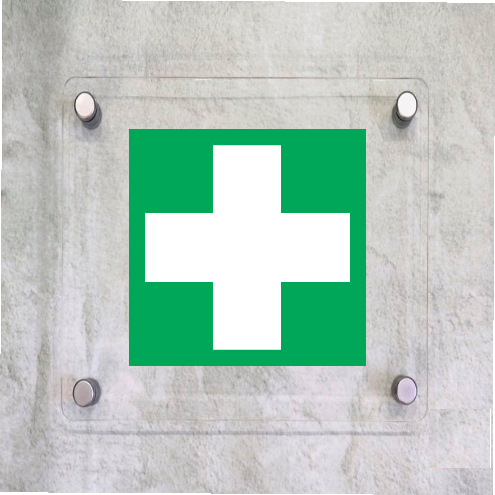 Global Targa Cartello in plexiglass Quadrato - PRONTO SOCCORSO - Con Distanziali in acciaio inox, Stampa UV