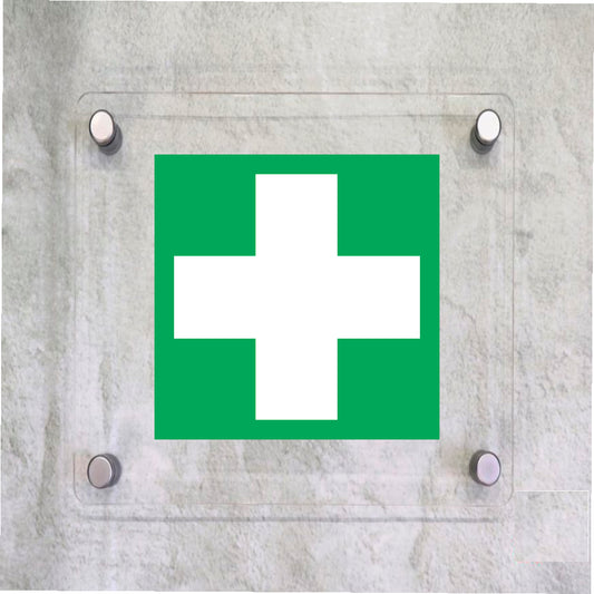 Global Targa Cartello in plexiglass Quadrato - PRONTO SOCCORSO - Con Distanziali in acciaio inox, Stampa UV