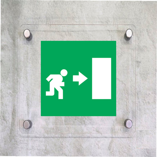 Global Targa Cartello in plexiglass Quadrato - USCITA DI EMERGENZA A DESTRA - Con Distanziali in acciaio inox, Stampa UV
