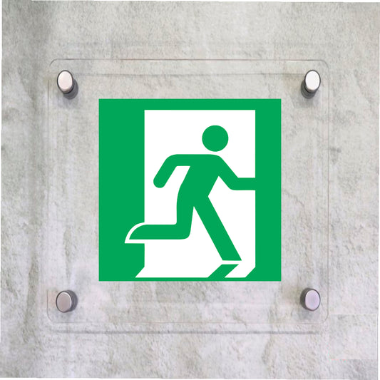 Global Targa Cartello in plexiglass Quadrato - USCITA DI EMERGENZA A DESTRA - Con Distanziali in acciaio inox, Stampa UV