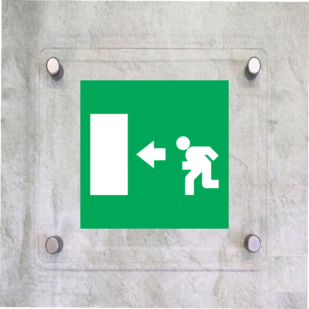 Global Targa Cartello in plexiglass Quadrato - USCITA DI EMERGENZA A SINISTRA - Con Distanziali in acciaio inox, Stampa UV